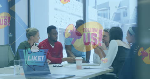 Diverse Team Collaborating with Social Media Icons Overlay