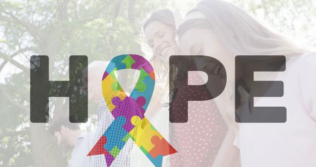 Composition of hope text with autism ribbon over caucasian family in park. Autism, learning difficulties and support concept digitally generated image.