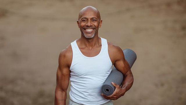 Smiling senior fitness enthusiast holding yoga mat by beach