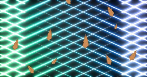 Brown leaves drifting through futuristic neon grid