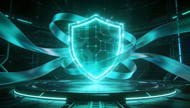 Glowing cyber shield protecting network with circuitry hologram and futuristic ribbons