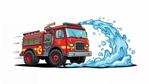 Red fire truck spraying water with dynamic motion