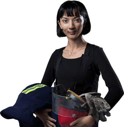 Confident female architect with protective gear transparent background