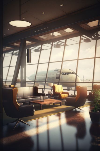 Airport with sofa, armchairs and plane outside window created using generative ai technology. Airport, transport and travel concept digitally generated image.
