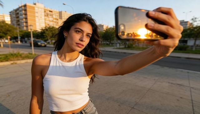 Young woman taking selfie on urban sidewalk at golden hour with phone reflecting sunset