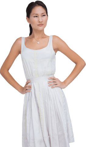 Transparent Pensive Brunette Woman Looking Away in White Dress
