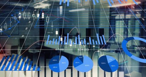 Financial data visualization overlaying modern office interior with candlestick, bar, pie