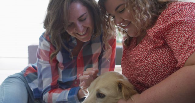 Two women smiling and petting a cute golden retriever puppy while sitting indoors. Great for concepts related to friendship, happiness, pet lovers, and cozy moments. Ideal for use in campaigns promoting pets, pet care, lifestyle, and human-animal bonding.