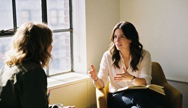 Manager Conducting Coaching Conversation in Sunlit Office with Notebook and Gestures