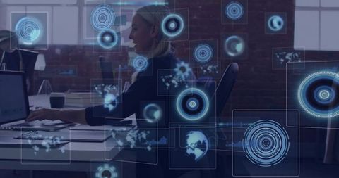 Businesswoman Typing with Holographic Interface in Modern Office