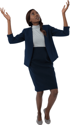 Transparent gesturing businesswoman on tiptoes standing