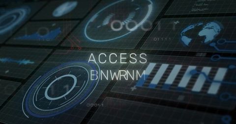 Futuristic cybersecurity dashboard showing ACCESS overlay with holographic analytics radar