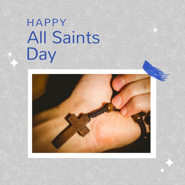 This image features a person's hand holding a rosary, with the text “Happy All Saints Day” in blue on a grey background with decorative elements. Ideal for use in religious websites, social media posts, church newsletters, and event announcements related to All Saints Day. It symbolizes faith, devotion, and Christian traditions.
