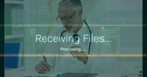 Doctor Processing Files with Technology Overlay in Clinical Office