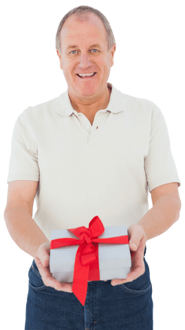 Senior Man Holding Gift with Red Ribbon and Transparent Background
