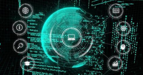 Displaying Holographic Teal Globe with Laptop Icon, Radial UI Rings and Code Visualization