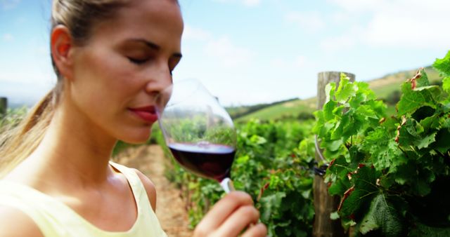 Pretty woman smiling and smelling red wine on a vineyard - Download Free Stock Photos Pikwizard.com