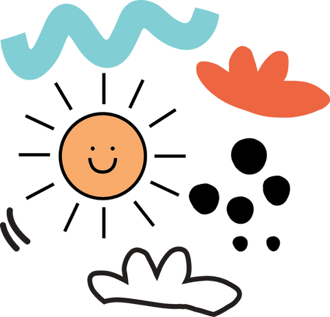 Whimsical doodle sun and abstract shapes on transparent canvas