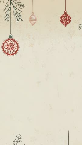 Vertical holiday loop with swaying pine twigs and hanging Christmas baubles on parchment