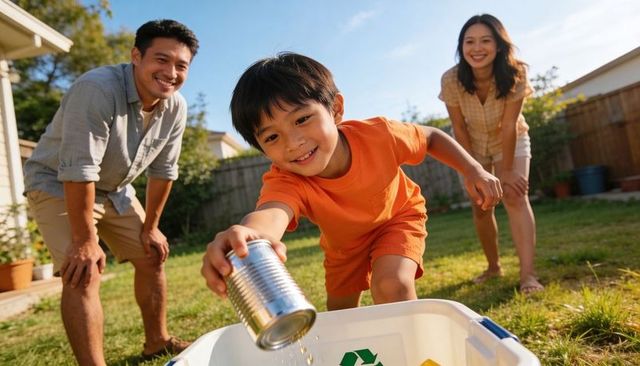 Sunny backyard family teaching recycling: child tossing tin can into recycle bin