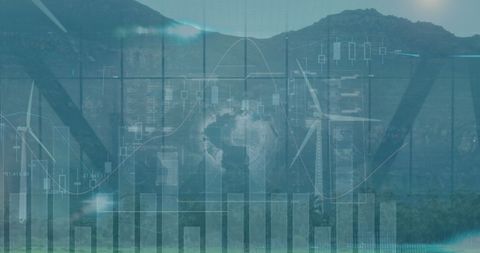 Renewable energy concept with overlay of data analytics and wind turbines