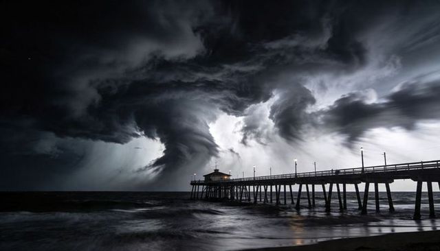 Dramatic vortex storm over pier at night with lit pavilion and wild ocean waves, long exposure