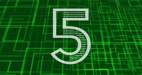 Floating neon number 5 over glowing green matrix-style digital grid