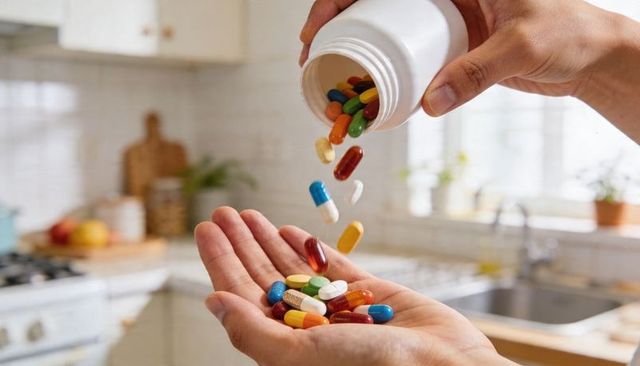 Pouring colorful pills into palm over home kitchen counter closeup for medication concept