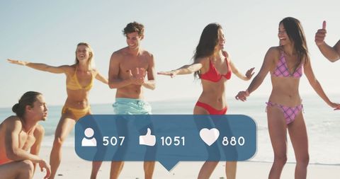 Happy Young Friends Enjoying Beach Gathering with Digital Icons