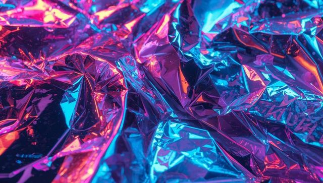 Vibrant Neon Reflection on Crumpled Metallic Foil