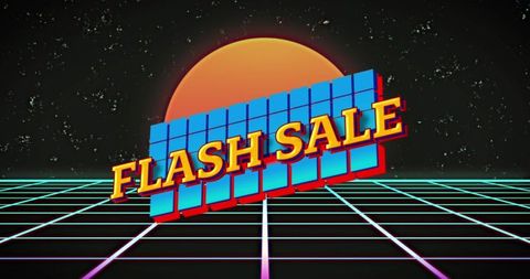 Retro flash sale neon grid with 80s style text banner
