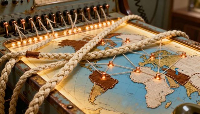 Braided ropes connecting copper pins on vintage world map console with amber bulbs