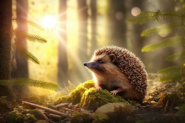 Adorable hedgehog sitting on mossy ground in sunlit forest clearing, evoking a sense of charm and nature. Ideal for articles on wildlife, nature blogs, educational resources on forest habitats, and magical-themed content.