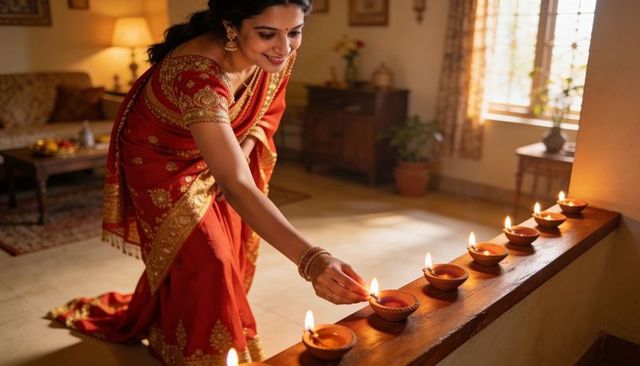 Lighting diyas in red and gold saree celebrating diwali at home, warm festive interior