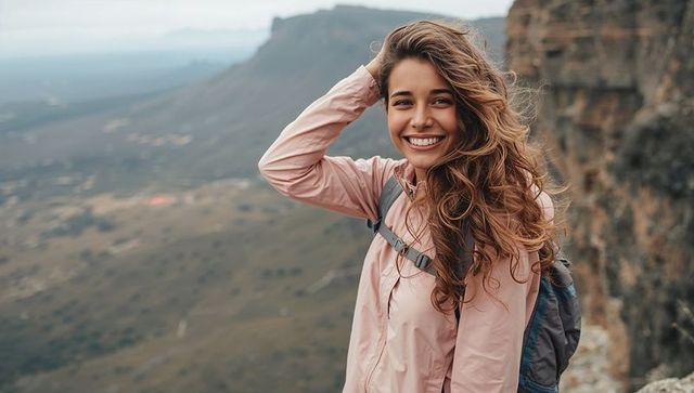 Smiling hiker brushing hair on cliff edge wearing pink windbreaker and backpack