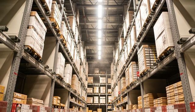 High-bay warehouse aisle featuring tall pallet racking, stacked pallets, and inventory labels
