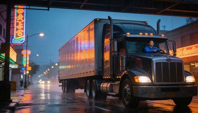 Semi truck idling under awning reflecting neon lights on rainy downtown street at night