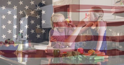 Mother and Daughter Bonding Over Cooking with American Flag Overlay
