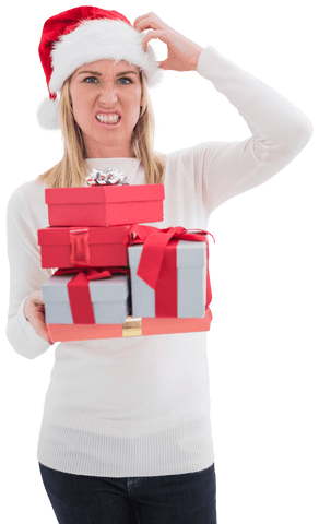 Woman in Santa Hat Struggling with Christmas Gifts in Transparent Background