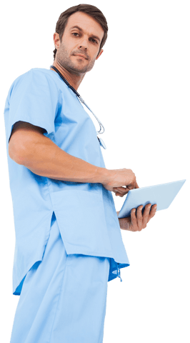 Transparent Surgeon Using Tablet in Blue Scrubs - Download Free Stock Videos Pikwizard.com