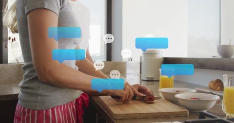 Person Chopping Vegetables with Digital Communication Overlay