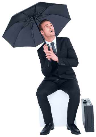 Transparent businessman with umbrella sitting on cube