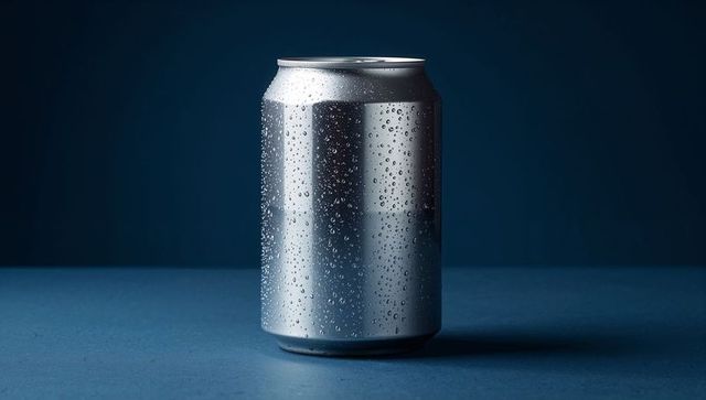 Gleaming condensation on silver aluminum can assures refreshment