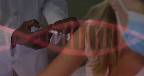 Mature woman receiving vaccine while clinician injects with DNA helix overlay, masked