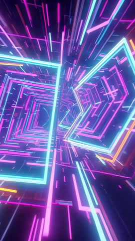 Neon Tunnel Vertical Video Loop Sliding Through Rotating Glowing Frames Pink Blue Orange
