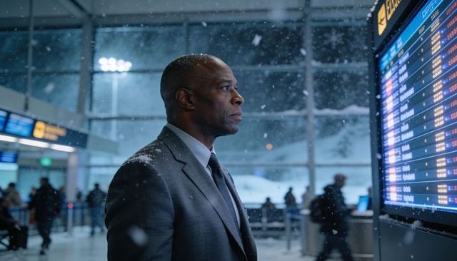 Businessman standing at departures board checking flights during heavy snowfall at airport