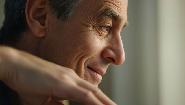 Gazing senior man profile in warm window light, contemplative closeup, three-quarter angle