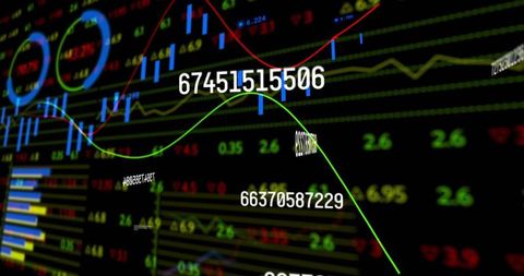 Neon finance dashboard showing sweeping green trend curve, numeric overlays, candlesticks