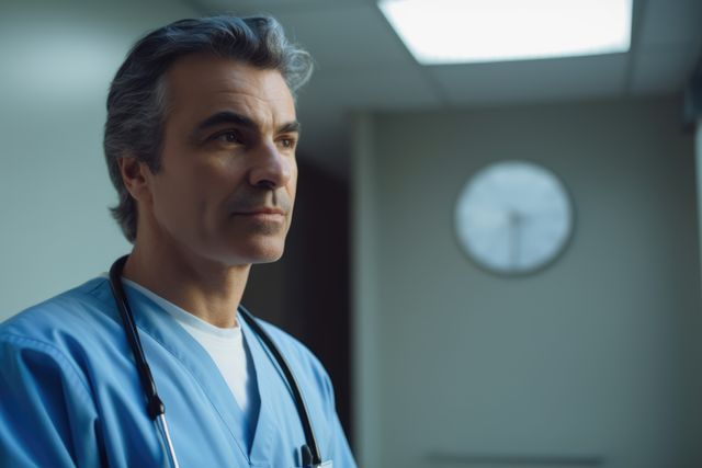 Confident Doctor in Scrubs Stands Under Studio Light - Download Free Stock Images Pikwizard.com