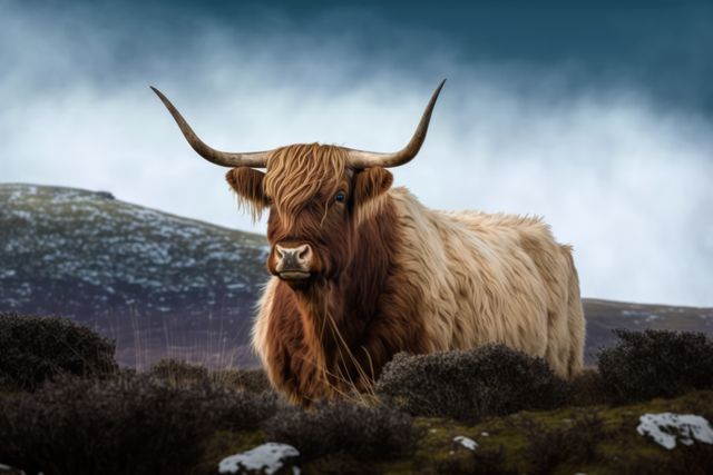Portrait of highland cow standing in grass in mountains, created using generative ai technology - Download Free Stock Photos Pikwizard.com